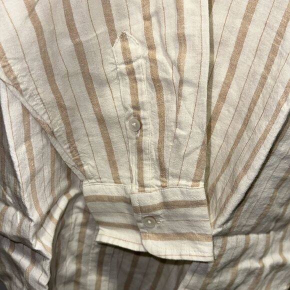 aerie XS Ivory Tan Vertical Stripe Pool-to-Party Linen Blend Cover up Shirt - Picture 15 of 17